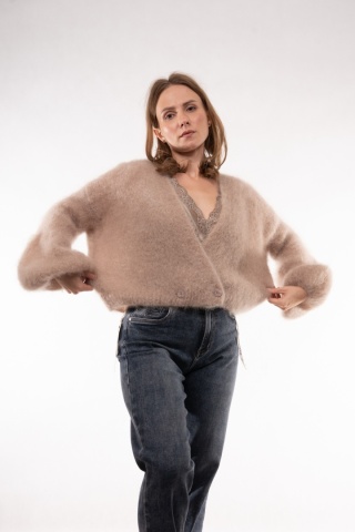 Luksusowy krótki kardigan z wełną Kid Mohair CXL Collection (Made in Italy) Beż