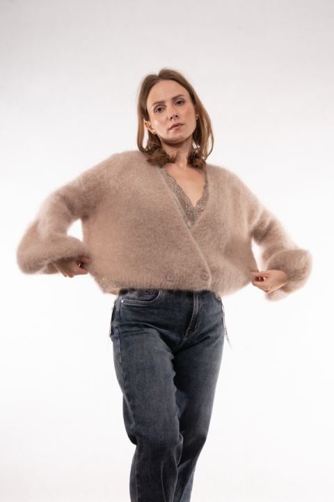 Luksusowy krótki kardigan z wełną Kid Mohair CXL Collection (Made in Italy) Beż