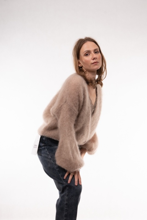 Luksusowy krótki kardigan z wełną Kid Mohair CXL Collection (Made in Italy) Beż