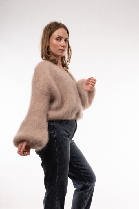 Luksusowy krótki kardigan z wełną Kid Mohair CXL Collection (Made in Italy) Beż