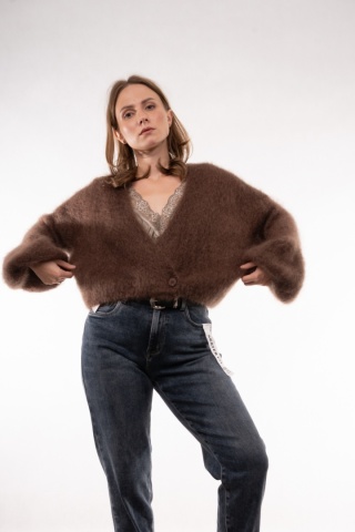 Luksusowy krótki kardigan z wełną Kid Mohair CXL Collection (Made in Italy) Brąz