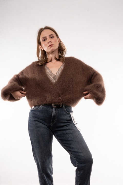 Luksusowy krótki kardigan z wełną Kid Mohair CXL Collection (Made in Italy) Brąz