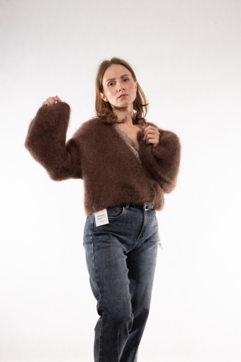 Luksusowy krótki kardigan z wełną Kid Mohair CXL Collection (Made in Italy) Brąz