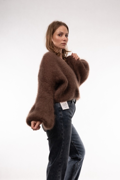 Luksusowy krótki kardigan z wełną Kid Mohair CXL Collection (Made in Italy) Brąz