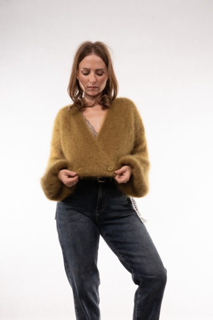 Luksusowy krótki kardigan z wełną Kid Mohair CXL Collection (Made in Italy) Oliwka
