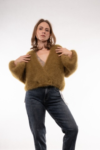 Luksusowy krótki kardigan z wełną Kid Mohair CXL Collection (Made in Italy) Oliwka