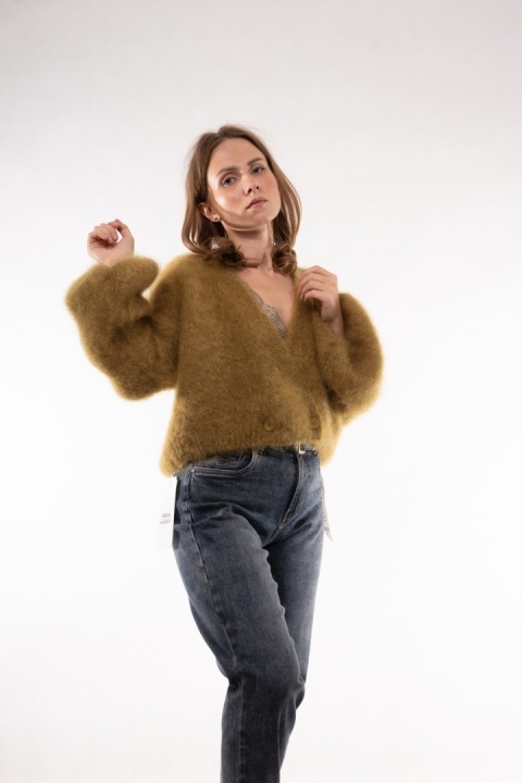 Luksusowy krótki kardigan z wełną Kid Mohair CXL Collection (Made in Italy) Oliwka