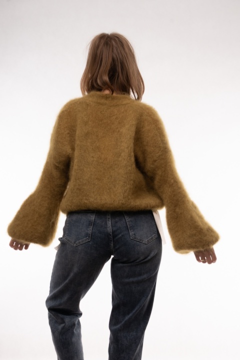 Luksusowy krótki kardigan z wełną Kid Mohair CXL Collection (Made in Italy) Oliwka