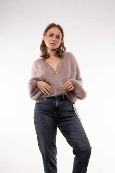 Luksusowy krótki kardigan z wełną Kid Mohair CXL Collection (Made in Italy) Fango