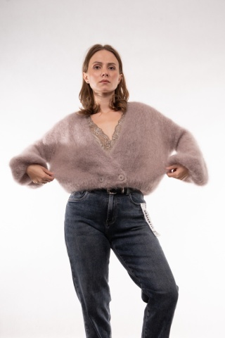 Luksusowy krótki kardigan z wełną Kid Mohair CXL Collection (Made in Italy) Fango