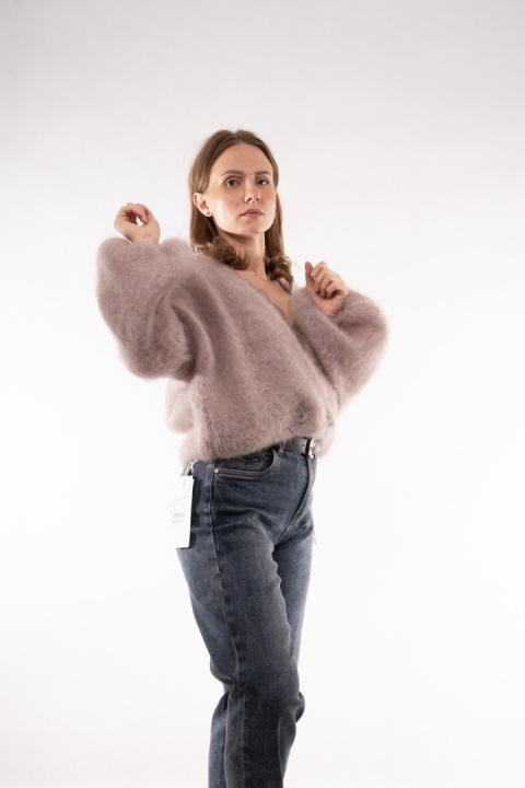 Luksusowy krótki kardigan z wełną Kid Mohair CXL Collection (Made in Italy) Fango