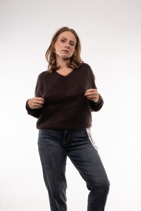 Wełniany sweter w serek z kaszmirem Cashmere Blend Gorzka czekolada