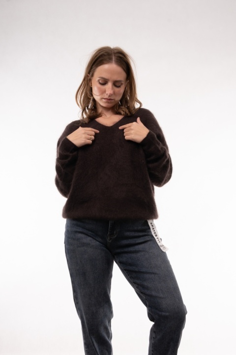 Wełniany sweter w serek z kaszmirem Cashmere Blend Gorzka czekolada