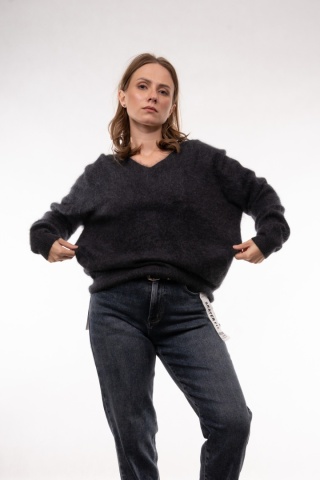 Wełniany sweter w serek z kaszmirem Cashmere Blend Grafit
