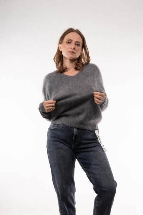 Wełniany sweter w serek z kaszmirem Cashmere Blend Szary