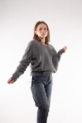 Wełniany sweter w serek z kaszmirem Cashmere Blend Szary