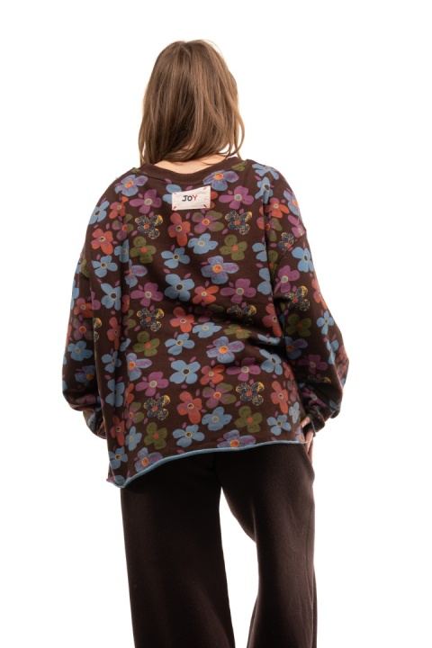 Bawełniana bluza oversize w kwiaty JOY - Brązowe tło