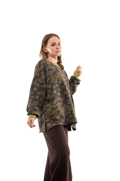 Bawełniana bluza oversize w kwiaty JOY - Grafitowa