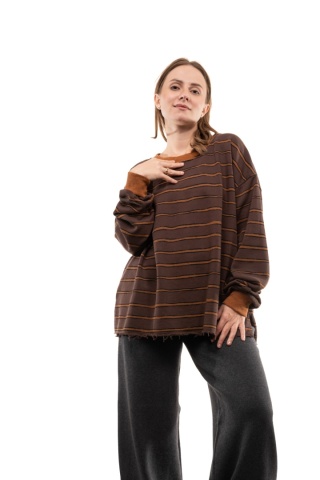 Bawełniana bluza oversize w paski JOY - Brąz