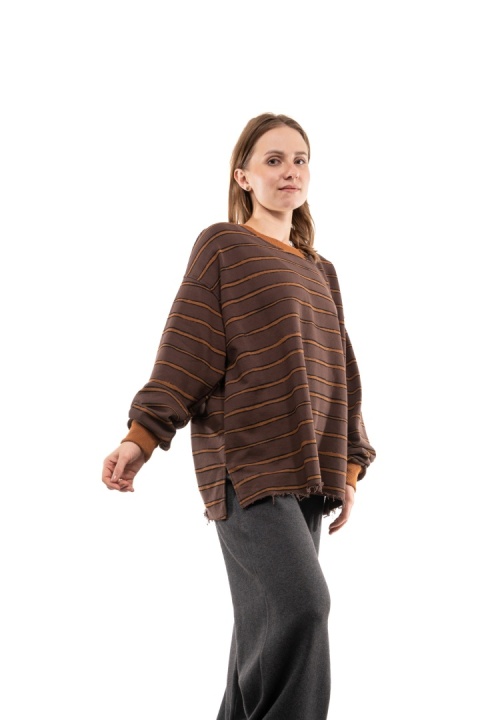 Bawełniana bluza oversize w paski JOY - Brąz