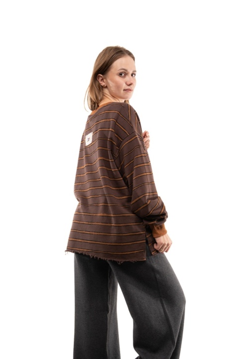 Bawełniana bluza oversize w paski JOY - Brąz