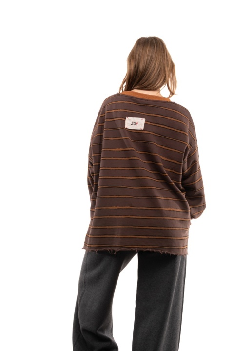 Bawełniana bluza oversize w paski JOY - Brąz