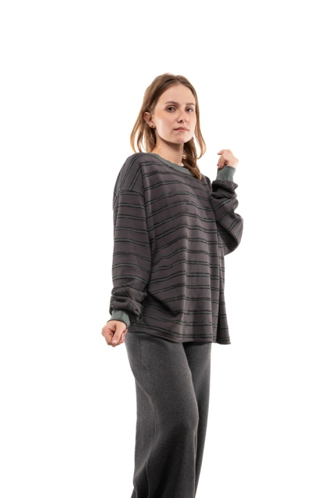 Bawełniana bluza oversize w paski JOY - Grafit