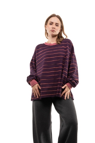Bawełniana bluza oversize w paski JOY - Śliwka