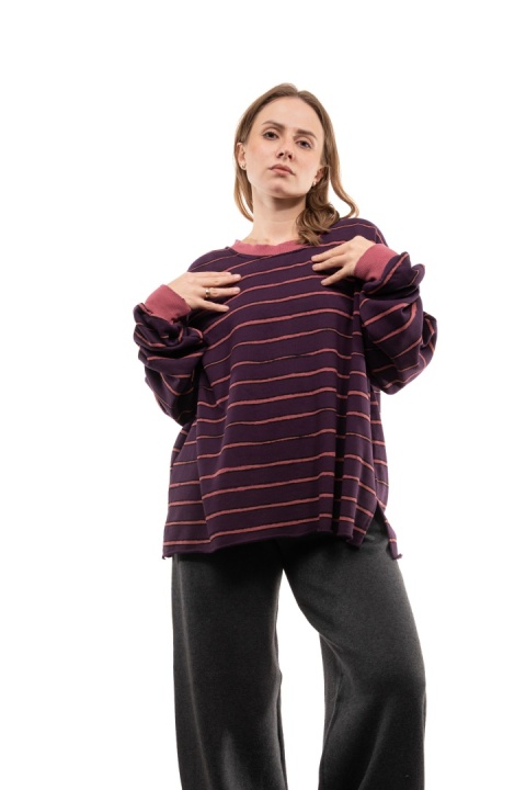 Bawełniana bluza oversize w paski JOY - Śliwka