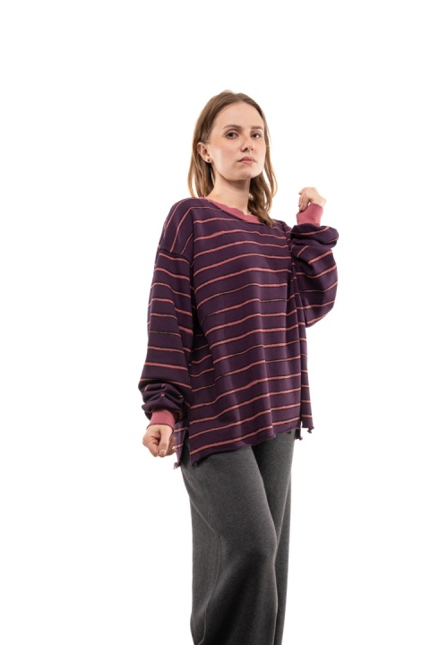 Bawełniana bluza oversize w paski JOY - Śliwka