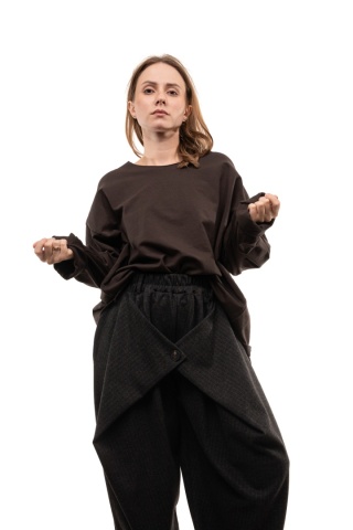 Bawełniana bluzka oversize z długim rękawem Wendy Trendy - Brąz