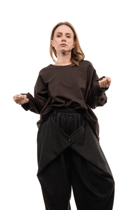 Bawełniana bluzka oversize z długim rękawem Wendy Trendy - Brąz