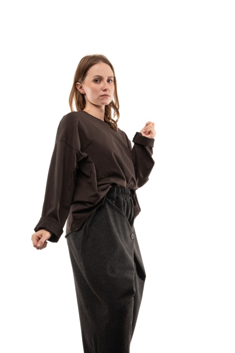 Bawełniana bluzka oversize z długim rękawem Wendy Trendy - Brąz