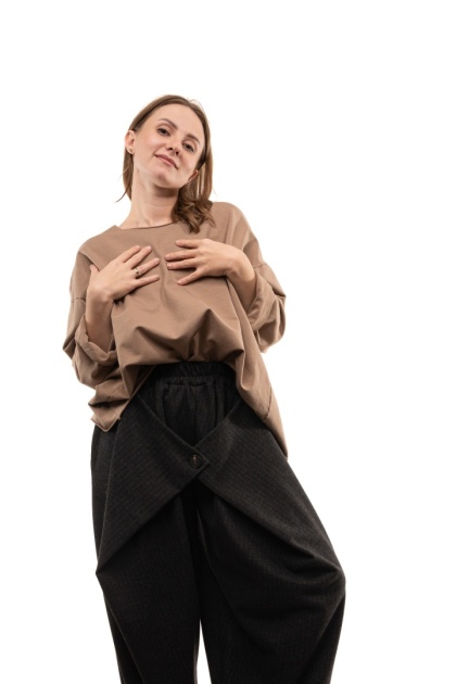 Bawełniana bluzka oversize z długim rękawem Wendy Trendy - Camel