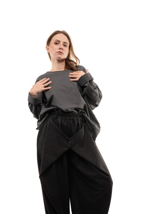 Bawełniana bluzka oversize z długim rękawem Wendy Trendy - Grafit