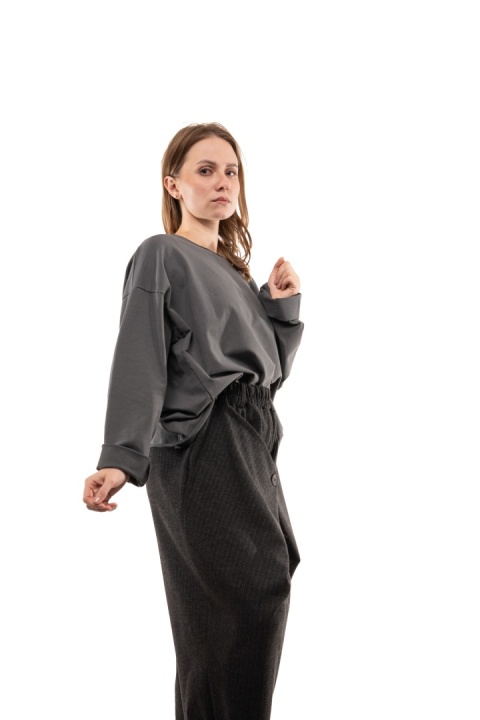Bawełniana bluzka oversize z długim rękawem Wendy Trendy - Grafit