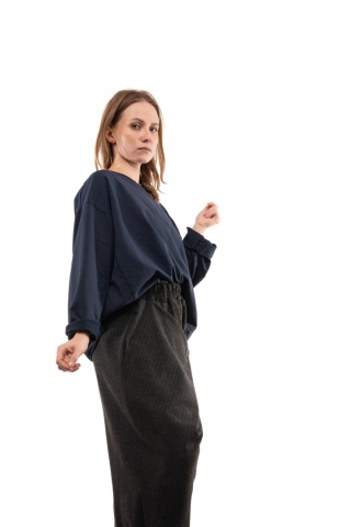 Bawełniana bluzka oversize z długim rękawem Wendy Trendy - Granat