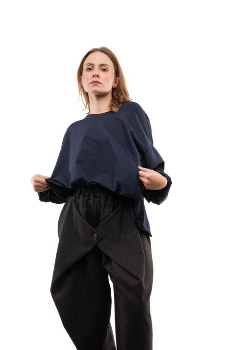 Bawełniana bluzka oversize z długim rękawem Wendy Trendy - Granat