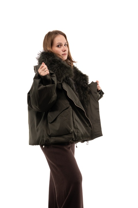 Kurtka puchowa z kaczego puchu z naturalnym futrem - Khaki