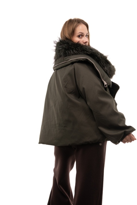 Kurtka puchowa z kaczego puchu z naturalnym futrem - Khaki