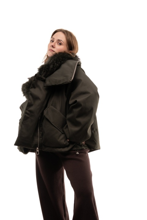 Kurtka puchowa z kaczego puchu z naturalnym futrem - Khaki