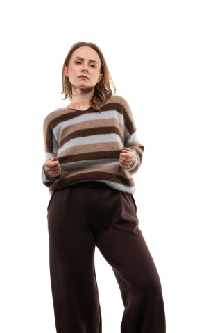Luksusowy sweter w paski z kaszmirem Cashmere Blend V. Veneto - Niebiesko-beżowe paski