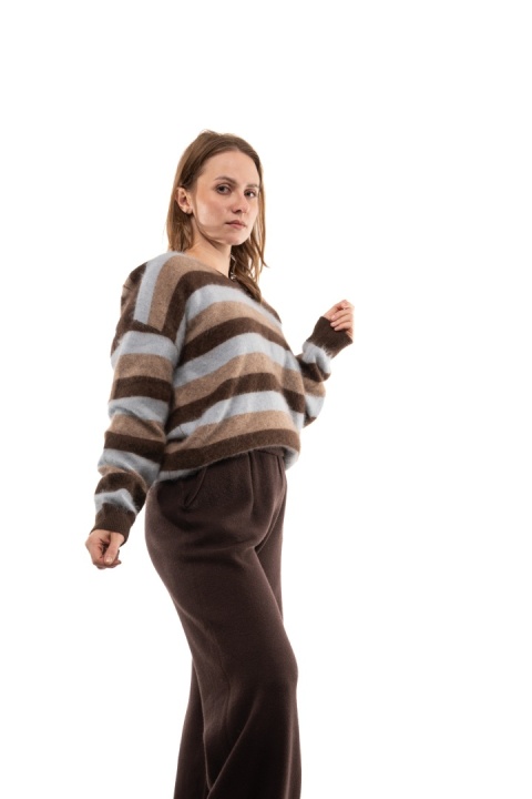 Luksusowy sweter w paski z kaszmirem Cashmere Blend V. Veneto - Niebiesko-beżowe paski