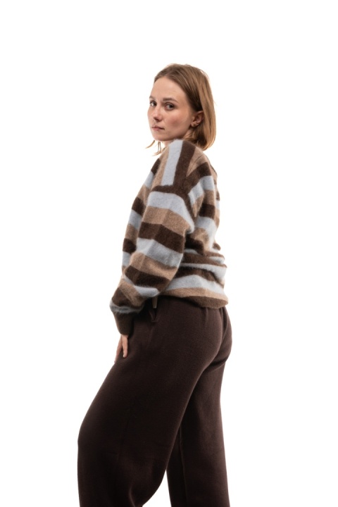 Luksusowy sweter w paski z kaszmirem Cashmere Blend V. Veneto - Niebiesko-beżowe paski