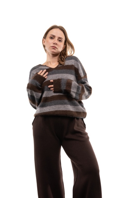 Luksusowy sweter w paski z kaszmirem Cashmere Blend V. Veneto - Szaro-brązowe paski