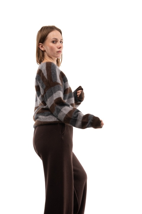 Luksusowy sweter w paski z kaszmirem Cashmere Blend V. Veneto - Szaro-brązowe paski