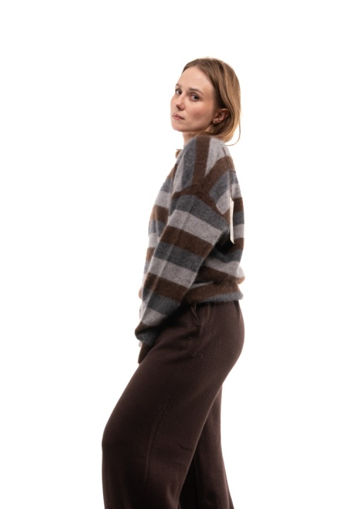 Luksusowy sweter w paski z kaszmirem Cashmere Blend V. Veneto - Szaro-brązowe paski