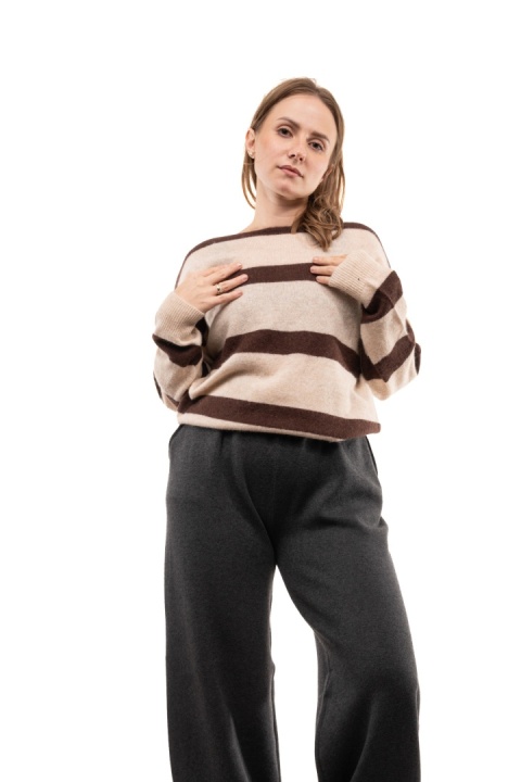 Sweter w pasy z wełną i kaszmirem XDD 5801 - Beżowo-brązowy
