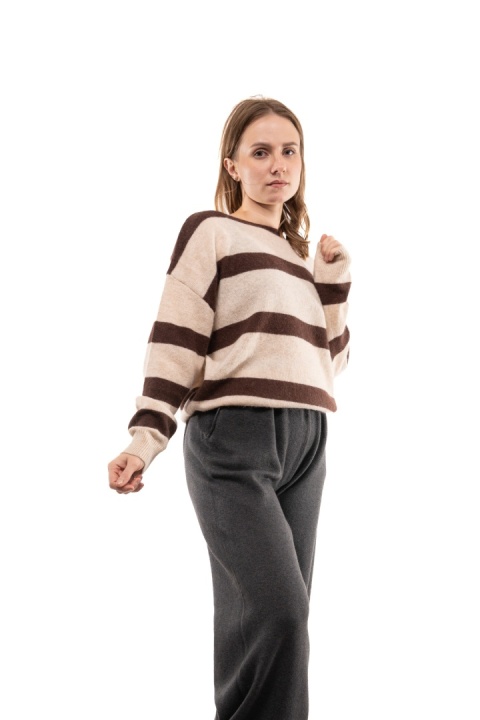 Sweter w pasy z wełną i kaszmirem XDD 5801 - Beżowo-brązowy