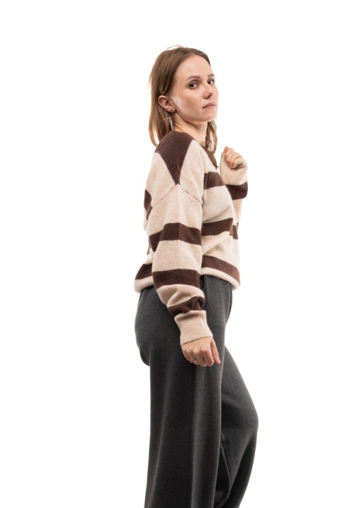 Sweter w pasy z wełną i kaszmirem XDD 5801 - Beżowo-brązowy